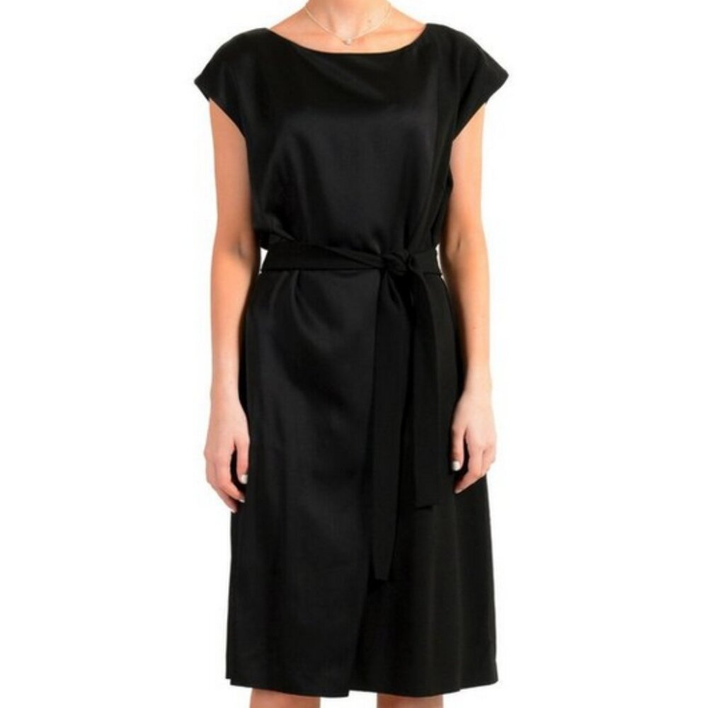 Hugo Boss Black Drapena Belted Sleeveles Dress 10 LBD